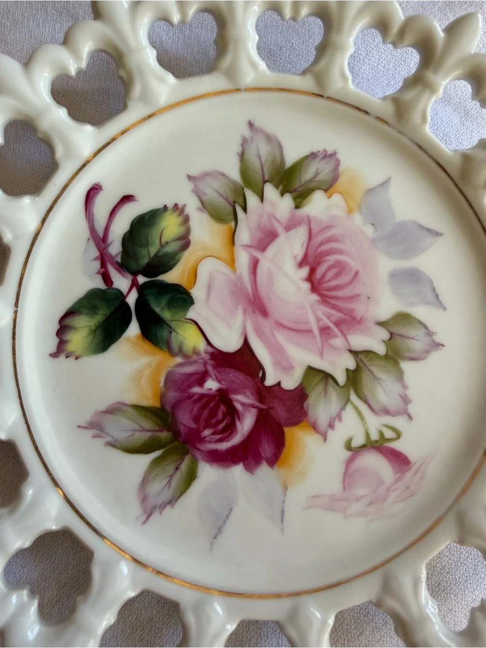 VTG Porcelain Reticulated Hand Painted Floral Plate with Pink Rose Motif - Japan